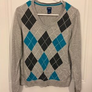 Izod Women's V-Neck Argyle 100% Cotton Sweater - Gray, White, and Teal-EUC